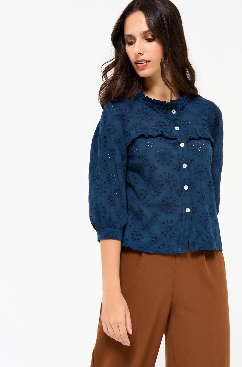 Blouse met ruches en bloemen - Marine Blauw
