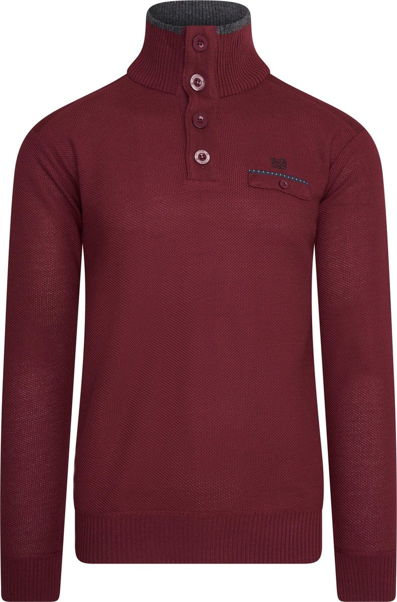 MZ72 - Heren Pullover - Troyerkraag - Fijn Gebreid - Borstzakje - Bordeaux Rood