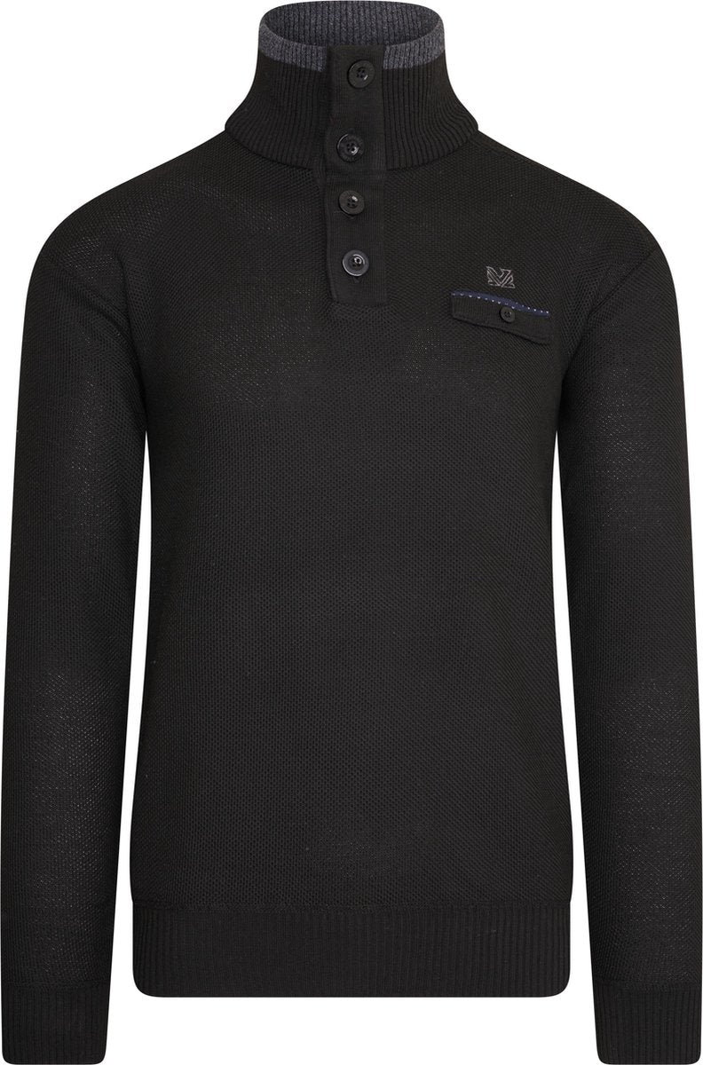 MZ72 - Heren Pullover - Troyerkraag - Fijn Gebreid - Borstzakje - Zwart