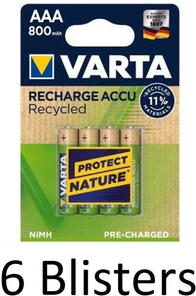 24 Stuks (6 Blisters a 4 st) Varta Recharge Accu Recycled AAA Oplaadbare Batterijen 800 mAh