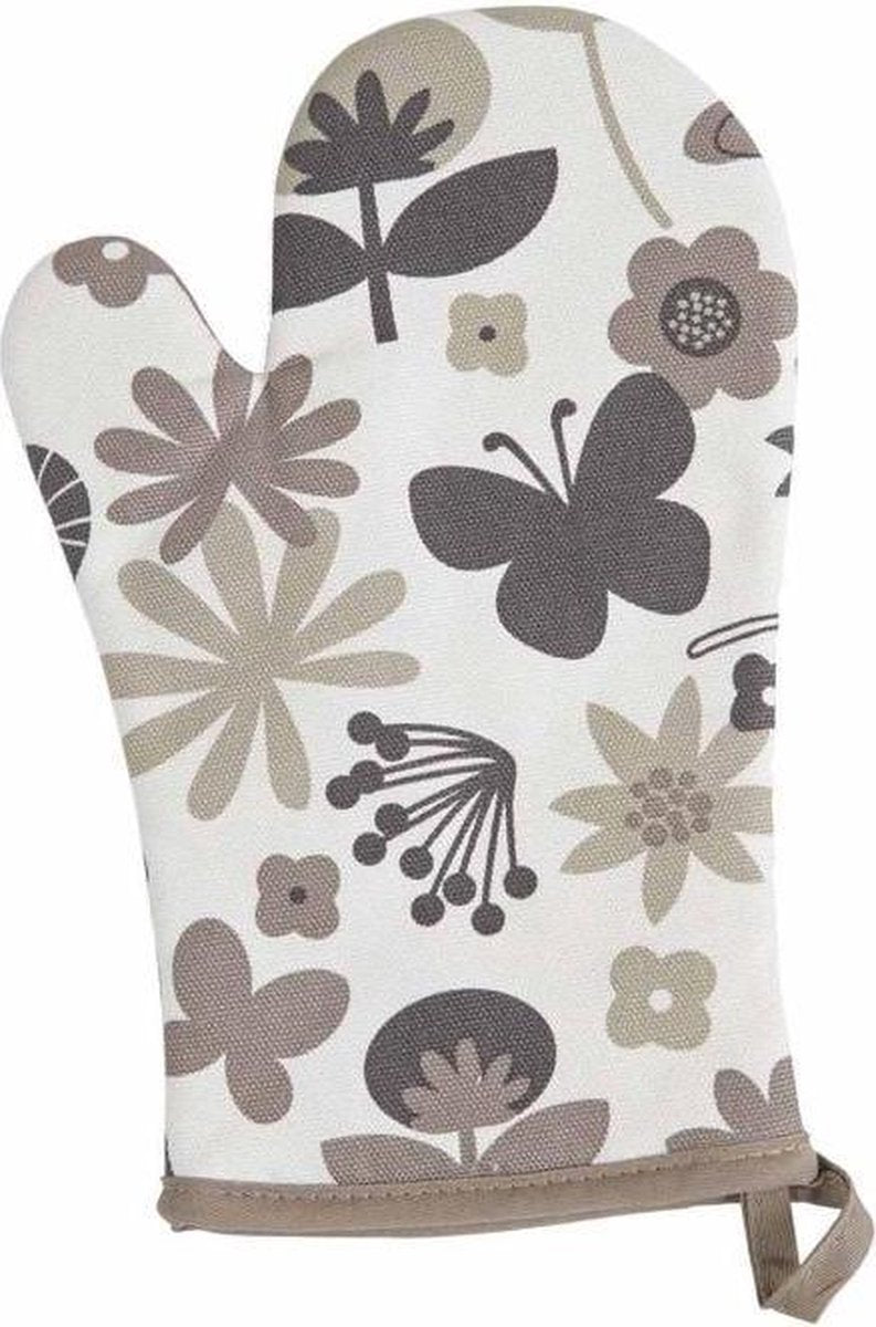 Ovenwant met bloemen - 18x28 cm - met lus - Wit met taupe