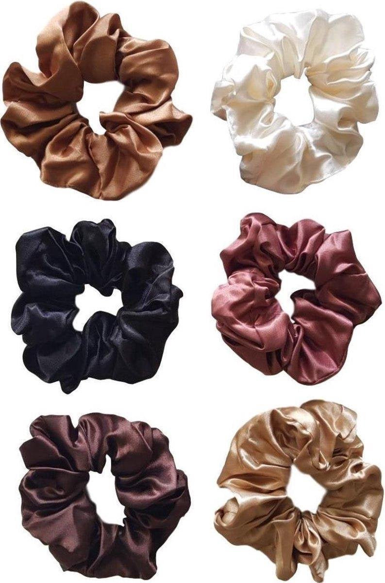 Scrunchies luxe haar elastiekjes set van 6 stuks Velvet Extra Vol en Luxe - haarelastiek haarwokkel - Haaraccessoires - Trendy Kleuren : Ecru - zwart - donkerbruin - goud - karamel bruin - hazelnoot bruin - beige - licht bruin - gratis verzending