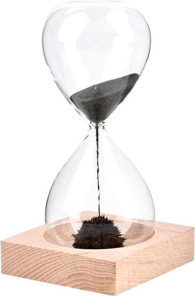 QUVIO Magnetische zandloper op een houten standaard / Totale hoogte van 16cm - Transparant