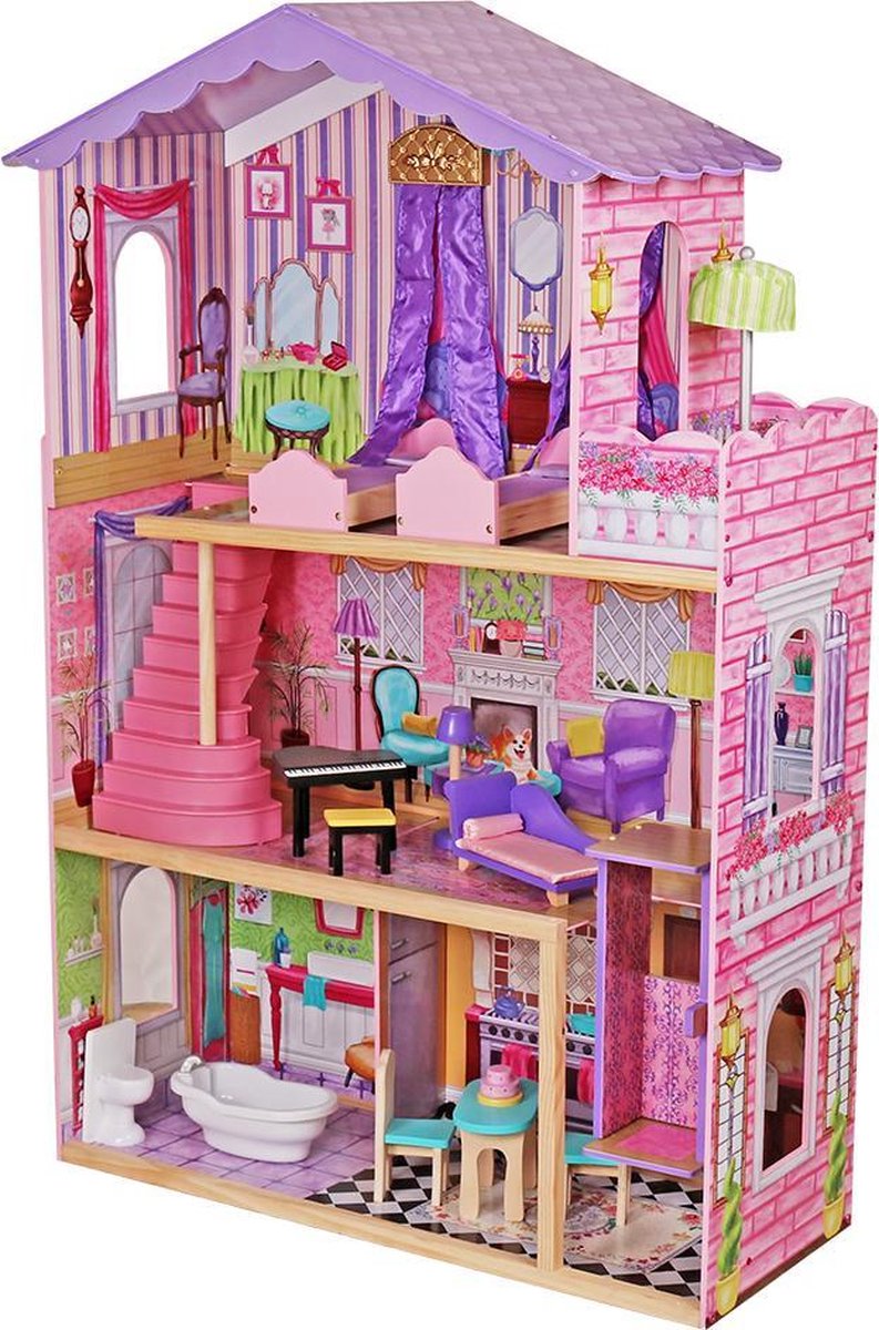 Houten Poppenhuis XL | Meubelset 15pcs | 87 x 34 x 107cm