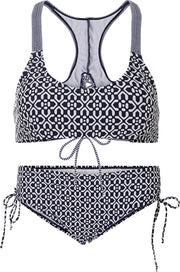 Dames bikini met sluiting een strik detail - Donkerblauw bloemen - L