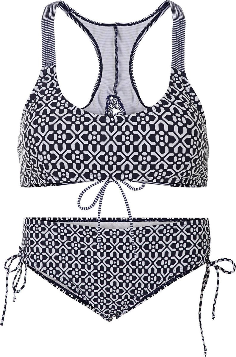Dames bikini met sluiting een strik detail - Donkerblauw bloemen - L