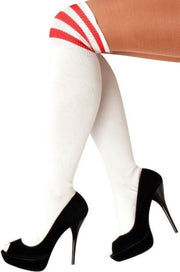 Lange sokken wit rode strepen - 36-41 - witte kniekousen kousen sportsokken cheerleader voetbal hockey unisex