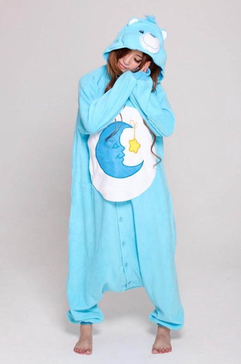 KIMU Onesie Troetelbeer blauw - maat 128-134 - Troetelbeertjes pak kostuum Bedtime maan ster kinder berenpak beer pyjama