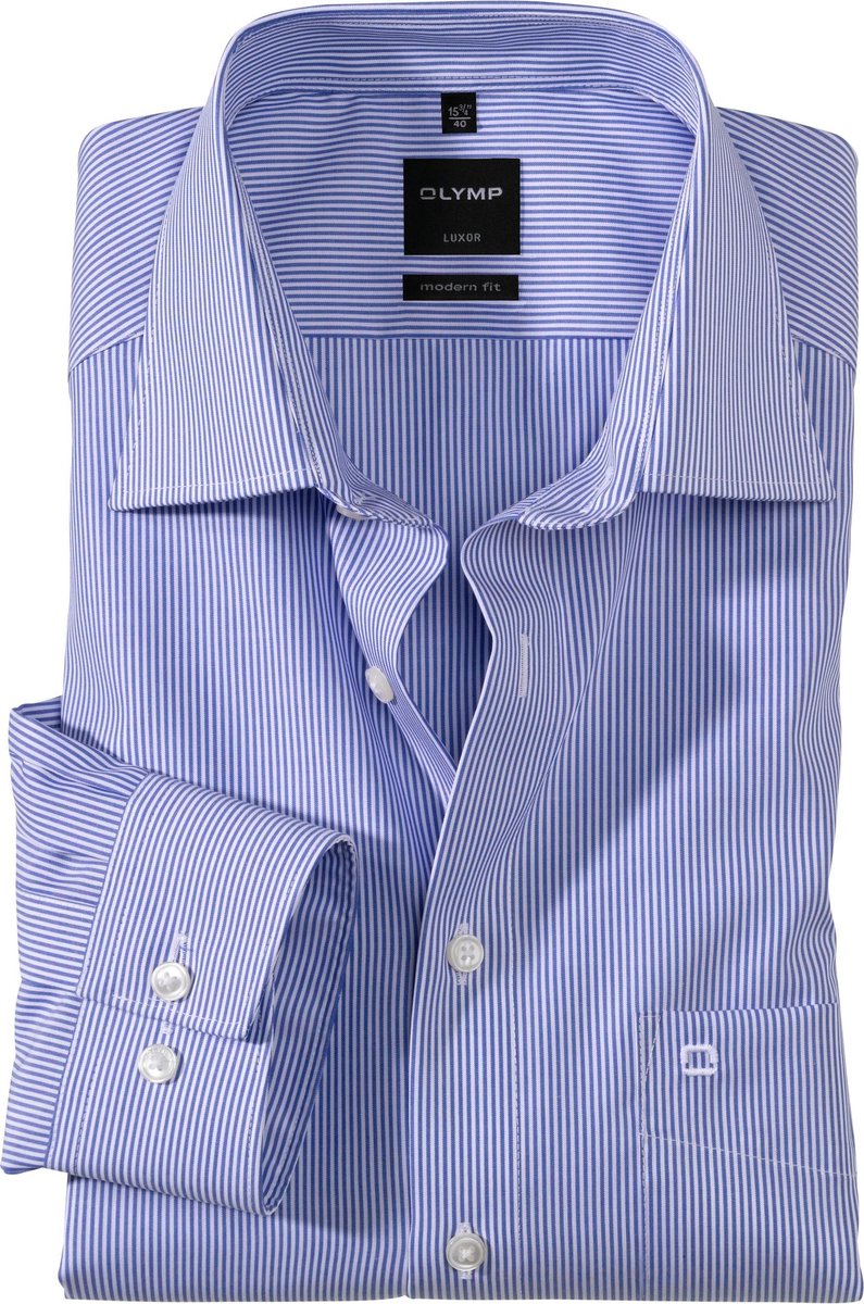 OLYMP Luxor modern fit overhemd - blauw met wit gestreept - Strijkvrij - Boordmaat: 48