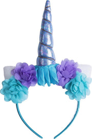 Eenhoorn haarband blauw unicorn diadeem met oortjes en bloemetjes - blauwe hoorn - bloemen paars blauw festival