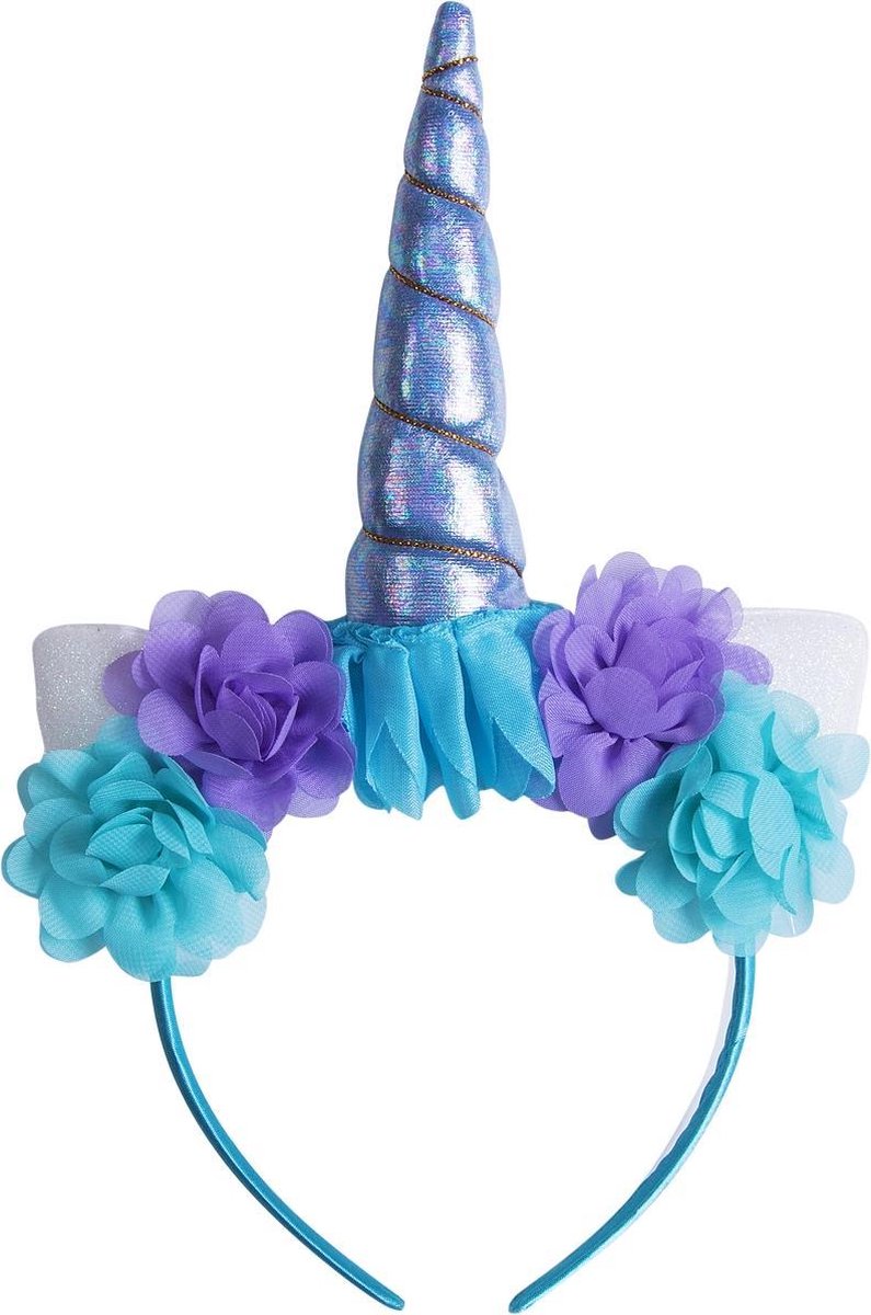 Eenhoorn haarband blauw unicorn diadeem met oortjes en bloemetjes - blauwe hoorn - bloemen paars blauw festival