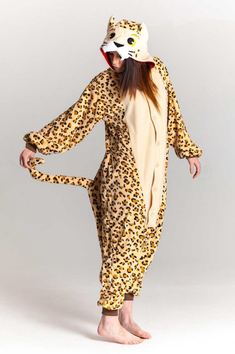 KIMU Onesie cheetah pak luipaard panter kostuum - maat L-XL - panterpak jumpsuit huispak