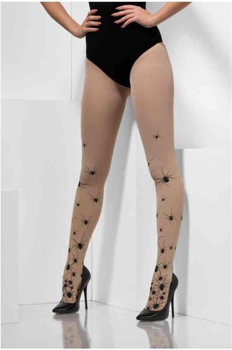 beigeige panty met zwarte spinnen voor vrouwen - Verkleedattribuut