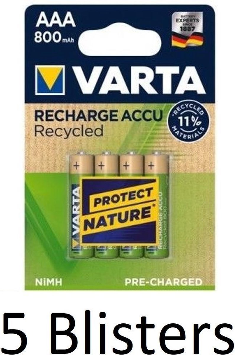 20 Stuks (5 Blisters a 4 st) Varta Recharge Accu Recycled AAA Oplaadbare Batterijen 800 mAh
