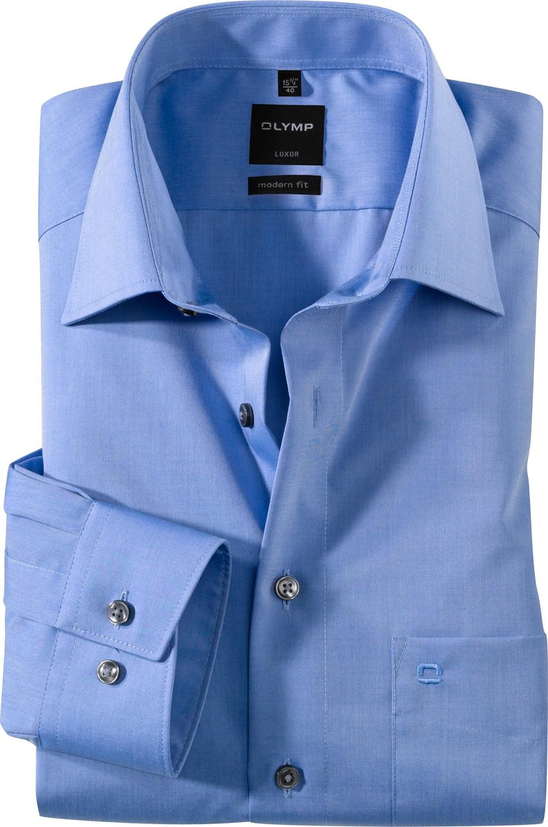 OLYMP Luxor modern fit overhemd - mouwlengte 7 - blauw - Strijkvrij - Boordmaat: 48