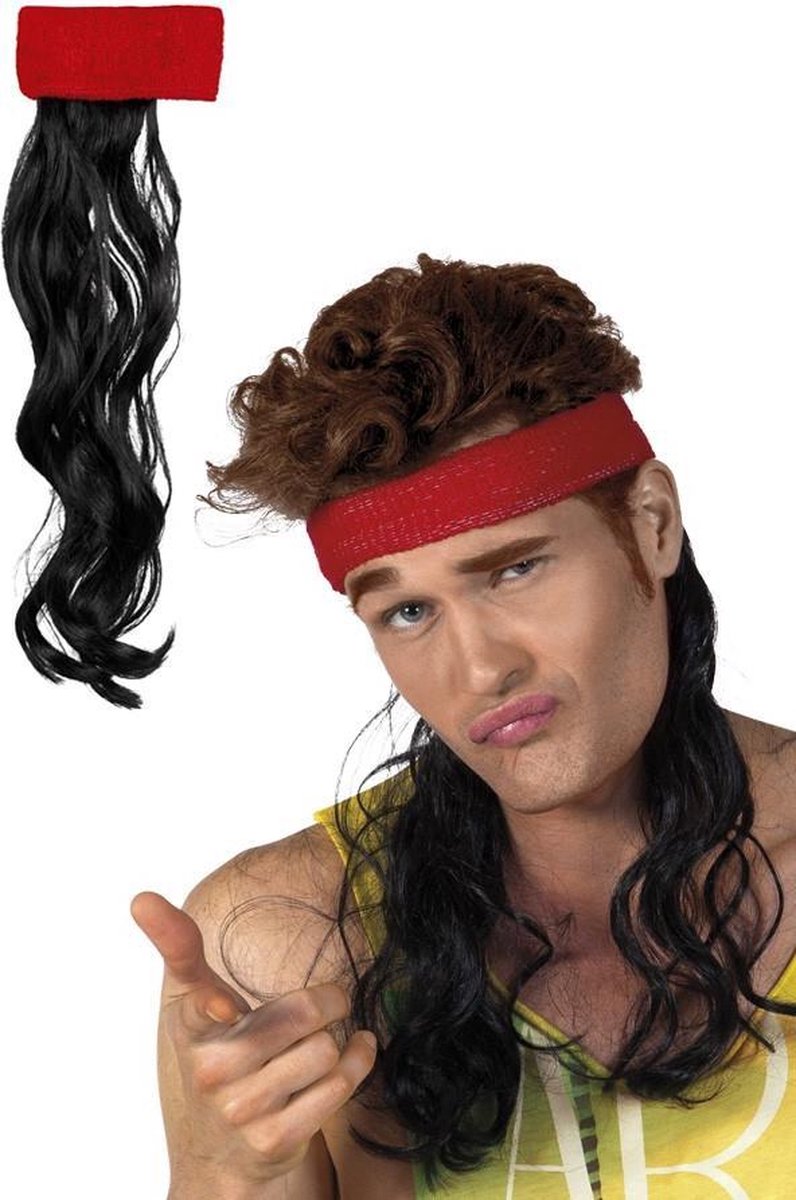 Hoofdband matje zwart haar zweetband rood - pruik mullet fout New Kids