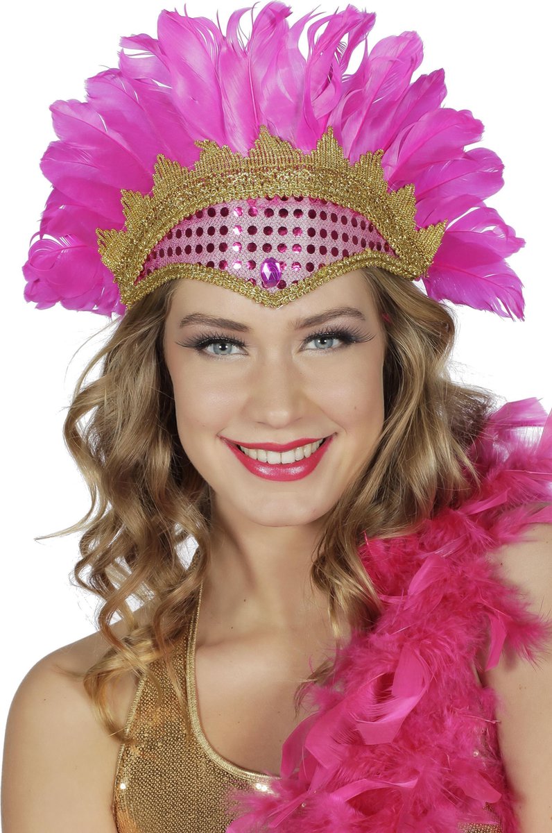 Samba hoofdtooi neon roze met veren en pailletten