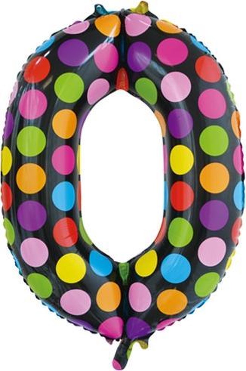Folie ballon cijfer 0 in het zwart met gekleurde stippen 86 cm
