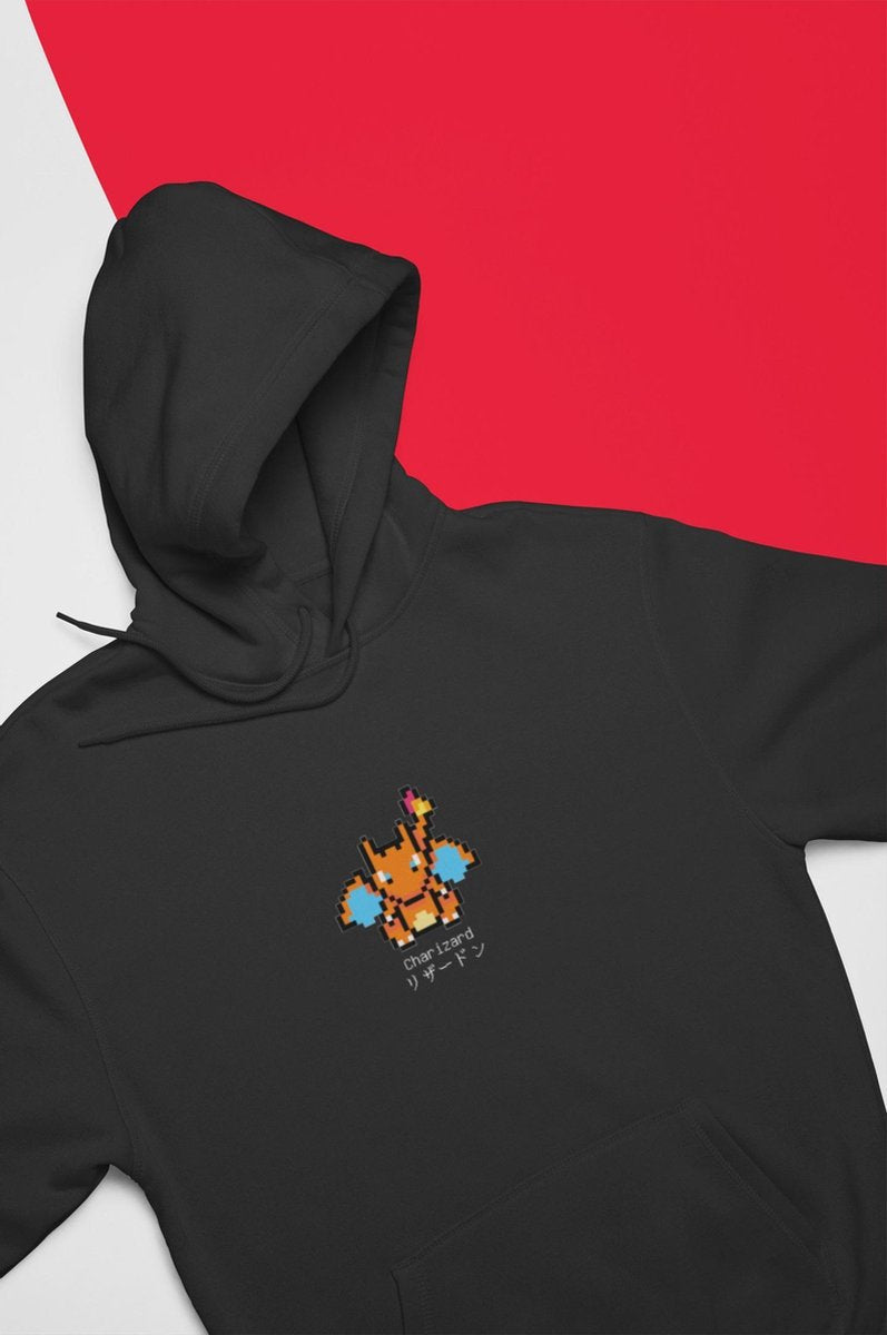 Charizard Pixel Art Zwart Hoodie - Kawaii Anime Merchandise - Pokemon - Unisex Maat L