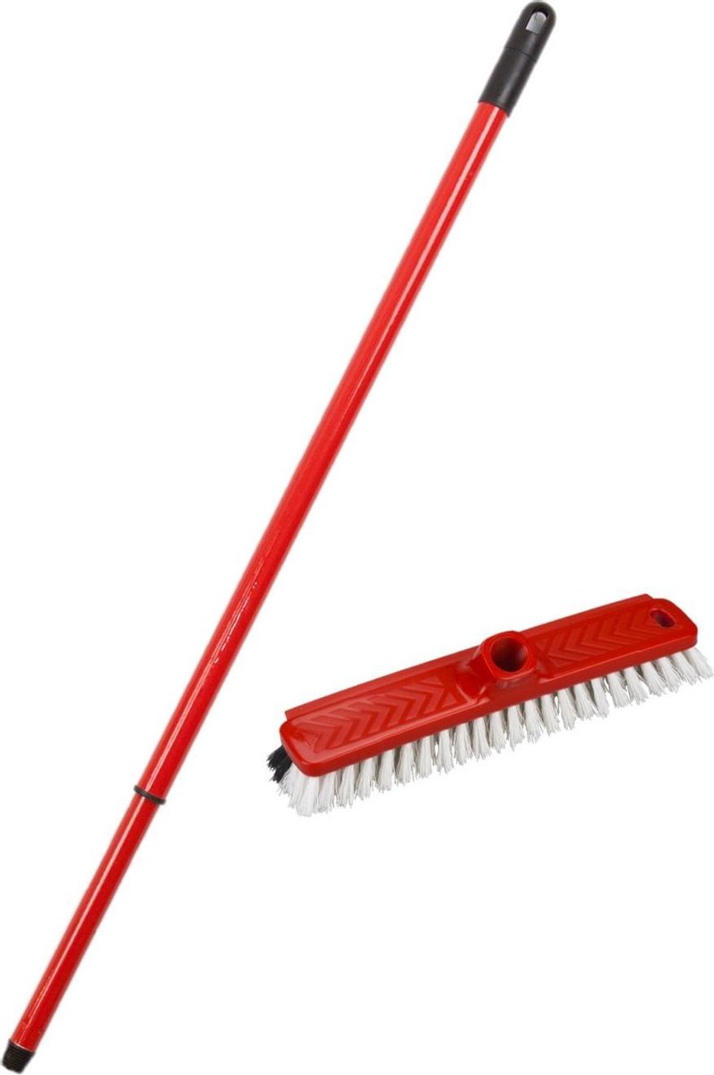 Kunststof schrobborstel/schrobber met trekker rood inclusief metalen telescoopsteel 130 cm - Badkamer schoonmaak borstels