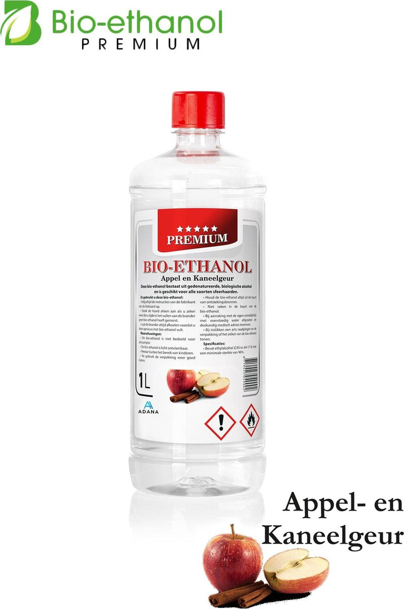 Adana- Bio-Ethanol met met  Appel en Kaneelgeur  -PREMIUM- bioethanol -biobrandstof - 1 liter