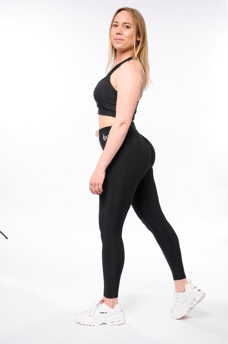 Brazilian Anti Cellulite Scrunch leggings + Gym top met opening - Zwart - M