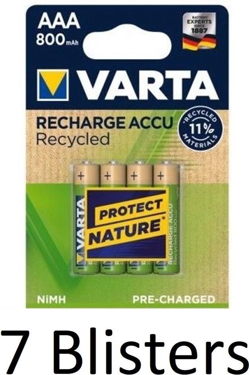 28 Stuks (7 Blisters a 4 st) Varta Recharge Accu Recycled AAA Oplaadbare Batterijen 800 mAh