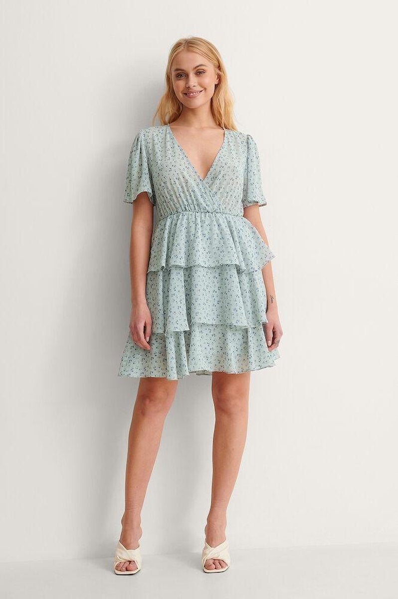NA-KD Triple Layer Flounce Vrouwen Jurk - Blue Flower Print - Maat EU 38