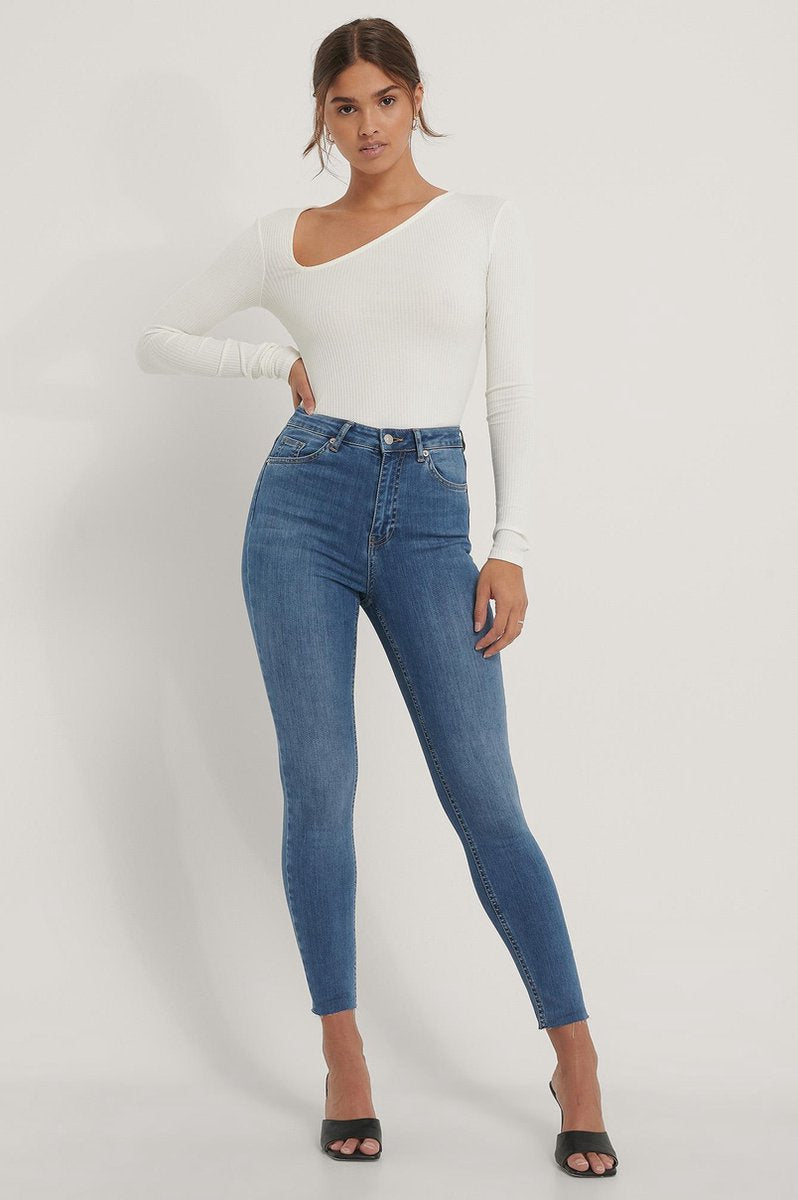 NA-KD Skinny High Waist Raw Hem Vrouwen Jeans - Mid Blue - Maat EU 38