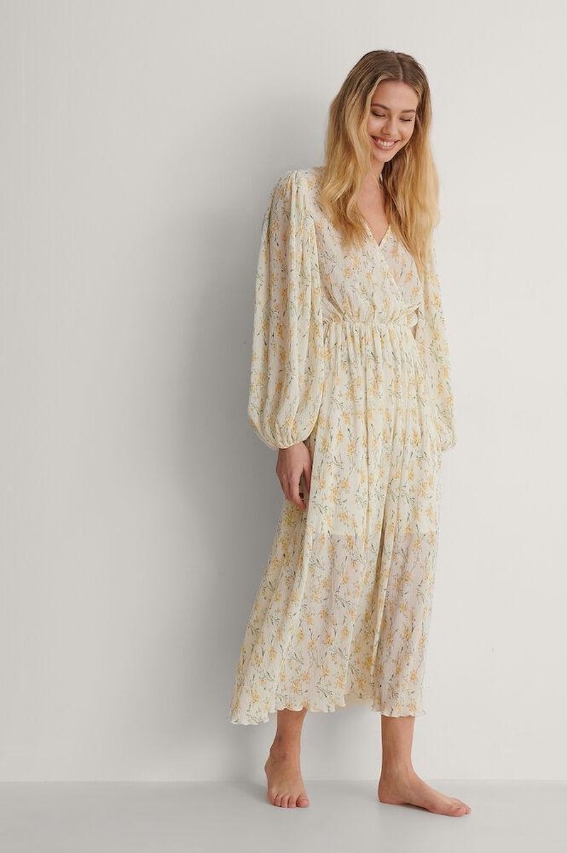 NA-KD Balloon Sleeve Overlap Structured Vrouwen Jurk - Yellow Flower - Maat EU 40