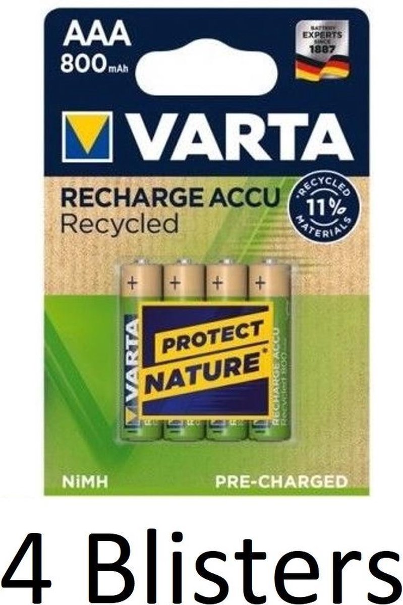 16 Stuks (4 Blisters a 4 st) Varta Recharge Accu Recycled AAA Oplaadbare Batterijen 800 mAh