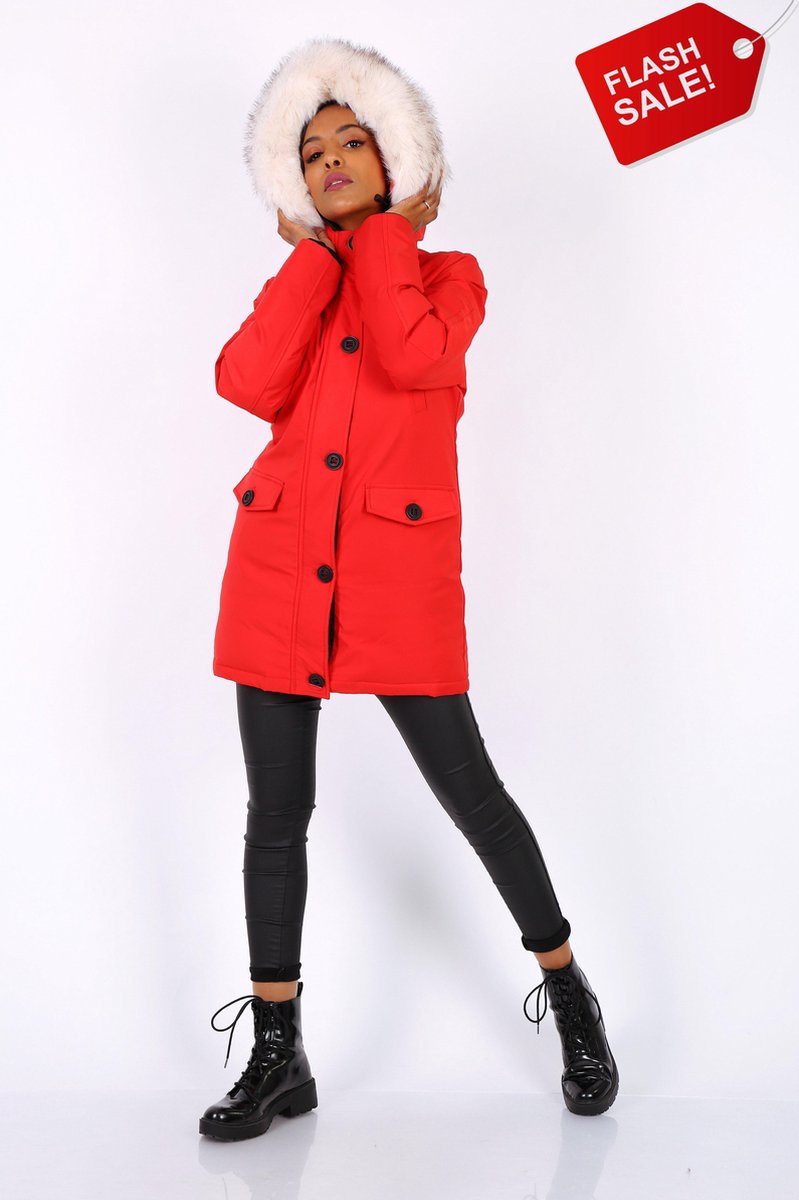 Halflange rode parka jas met dubbele set zakken Rood / XL