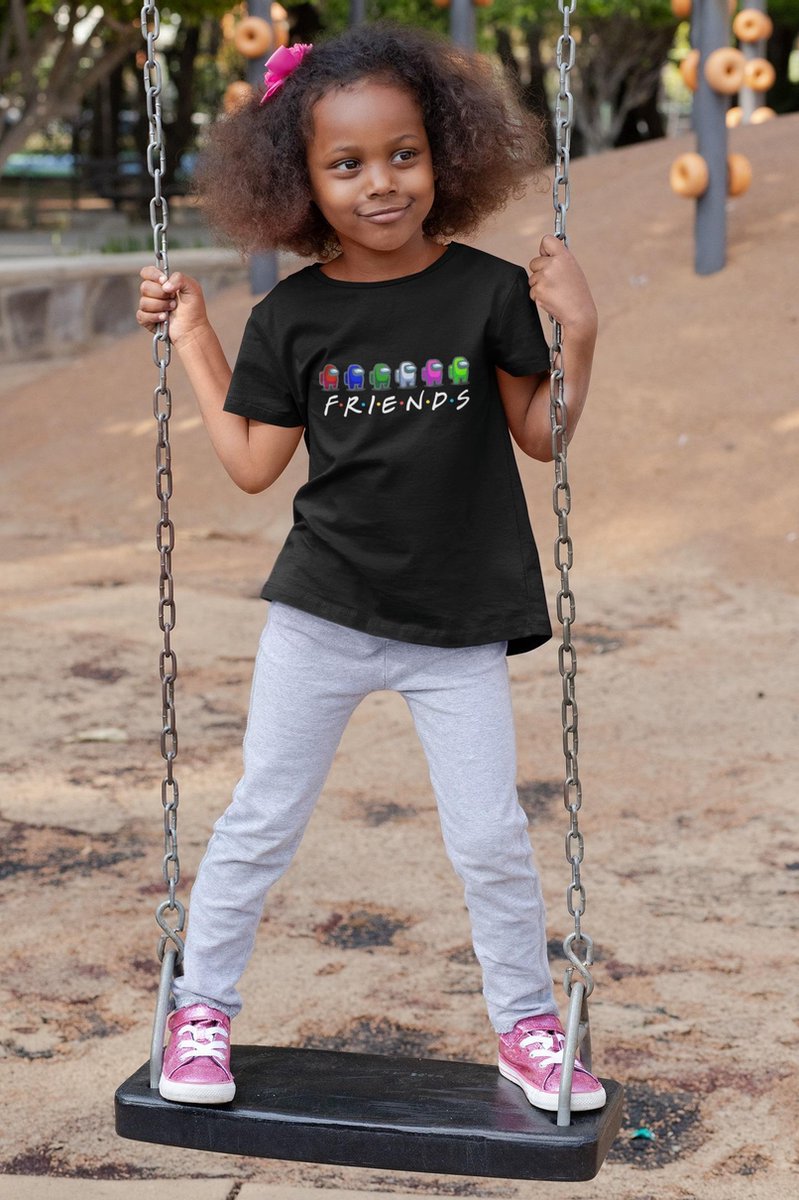 Among Us Friends | Zwarte T-Shirt | Gamer | Voor Kinderen | Kids Unisex Maat 7-8 jaar