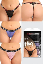 3-Delige Kanten Strings Set Met Tekst - Zwart/Paars/Roze - One Size (S-L 34 - 40) - Diverse kleuren - Sexy Lingerie & Kleding - Lingerie Dames -  Dames Lingerie - Strings