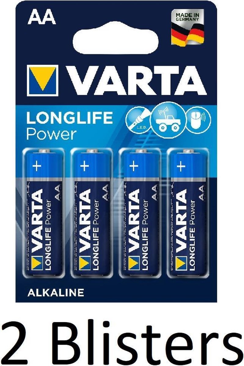 8 Stuks (2 Blisters a 4 st) Varta Longlife Power AA Batterijen