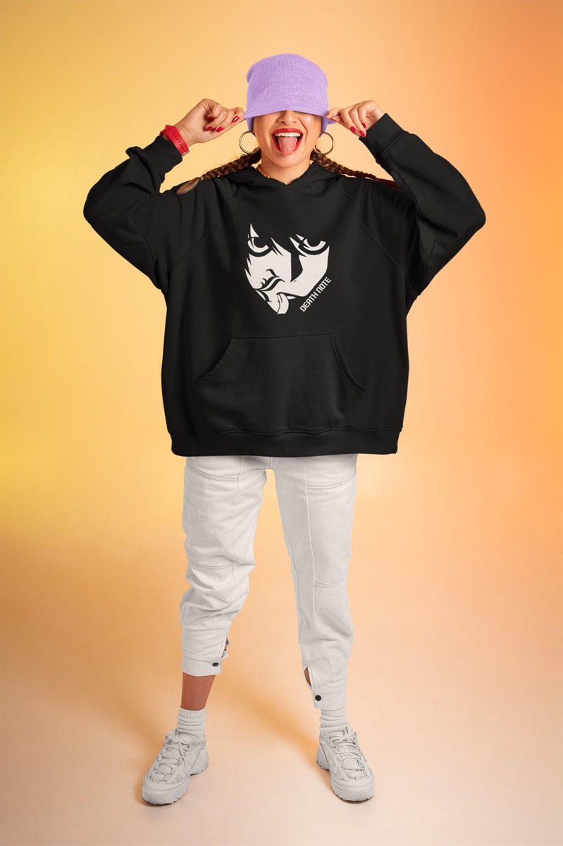Death Note L Face Hoodie - Zwart - Manga Anime Merchandise - Cadeau voor geeks - Unisex Maat L
