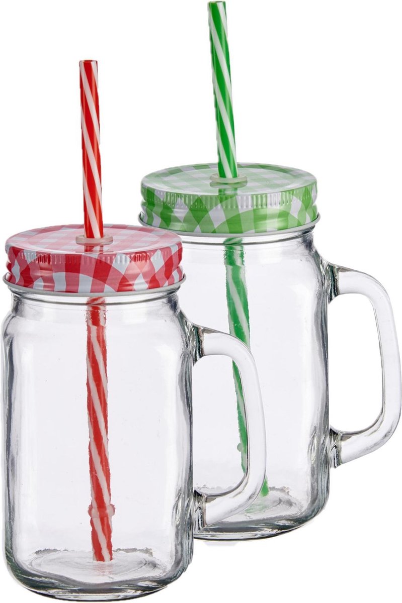Set van 12x stuks glazen Mason Jar drinkbekers/drinkpotjes met gekleurde dop en rietje 430 ml - anti-lek drinkglazen