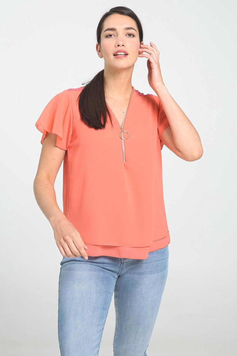 Cassis - Blouse met kant - Koraal