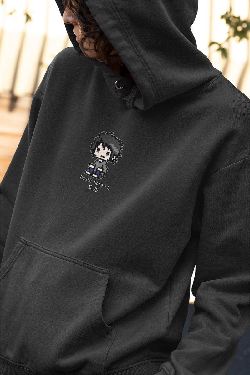 Death Note L Pixel Art | Kawaii Anime Manga Merchandise | Unisex Zwart Maat S Hoodie