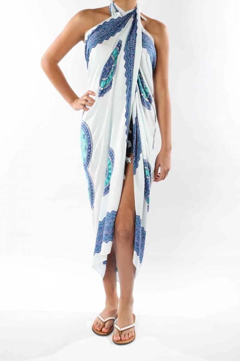 Pareo Flower White Turquoise Blue - Pareo beach - zomer pareo - dames - sarong - omslagdoek - wikkeljurk - strand - stranddoek
