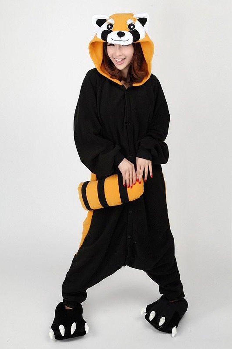 KIMU Onesie wasbeer pak kostuum rode panda - maat L-XL - wasbeerpak jumpsuit huispak