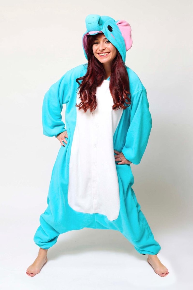 KIMU Onesie olifant pak kostuum blauw - maat XS-S - olifantenpak jumpsuit huispak