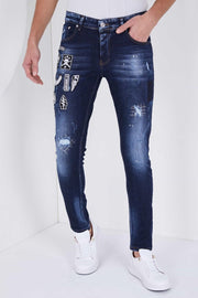 TRUE RISE Heren Spijkerbroek met Applicaties - Slim Fit - 5201E - Blauw - Maten: 33