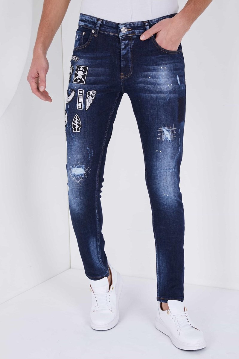 TRUE RISE Heren Spijkerbroek met Applicaties - Slim Fit - 5201E - Blauw - Maten: 33