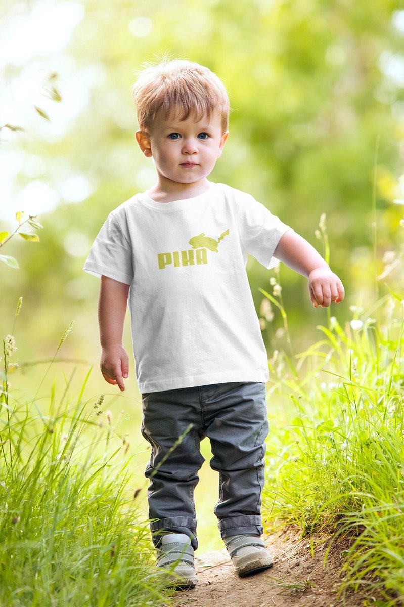 Pokemon Pikachu Puma Parody T-Shirt | Pika Meme | Game | Kids Maat 1/2 Jaar Wit