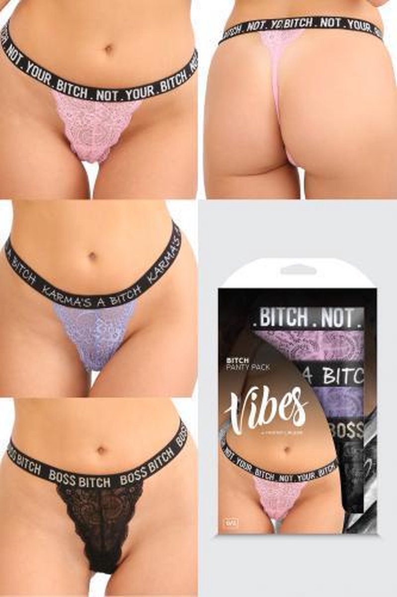 Bitch 3-Pack Strings - Roze/Paars/Zwart - One Size (S-L 34 - 40) - Diverse kleuren - Sexy Lingerie & Kleding - Lingerie Dames -  Dames Lingerie - Strings