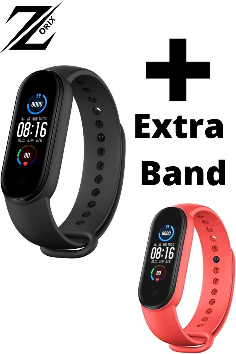 ZORIX® - M5 Stappenteller -Smartwatch- Activity Tracker - Bloeddrukmeter - Hartslagmeter - Horloge - Zwart + Rood BAND