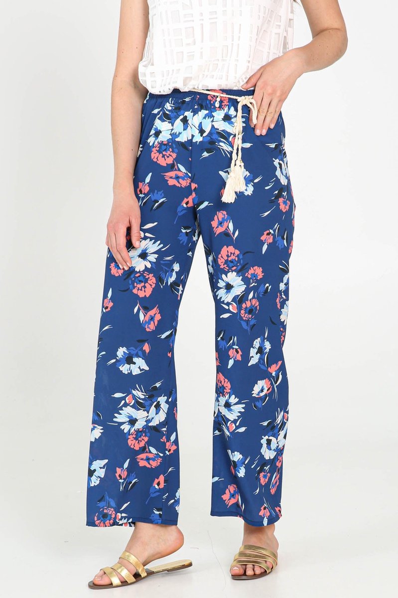 Cassis - Wijde broek met bloemenprint - Koningsblauw