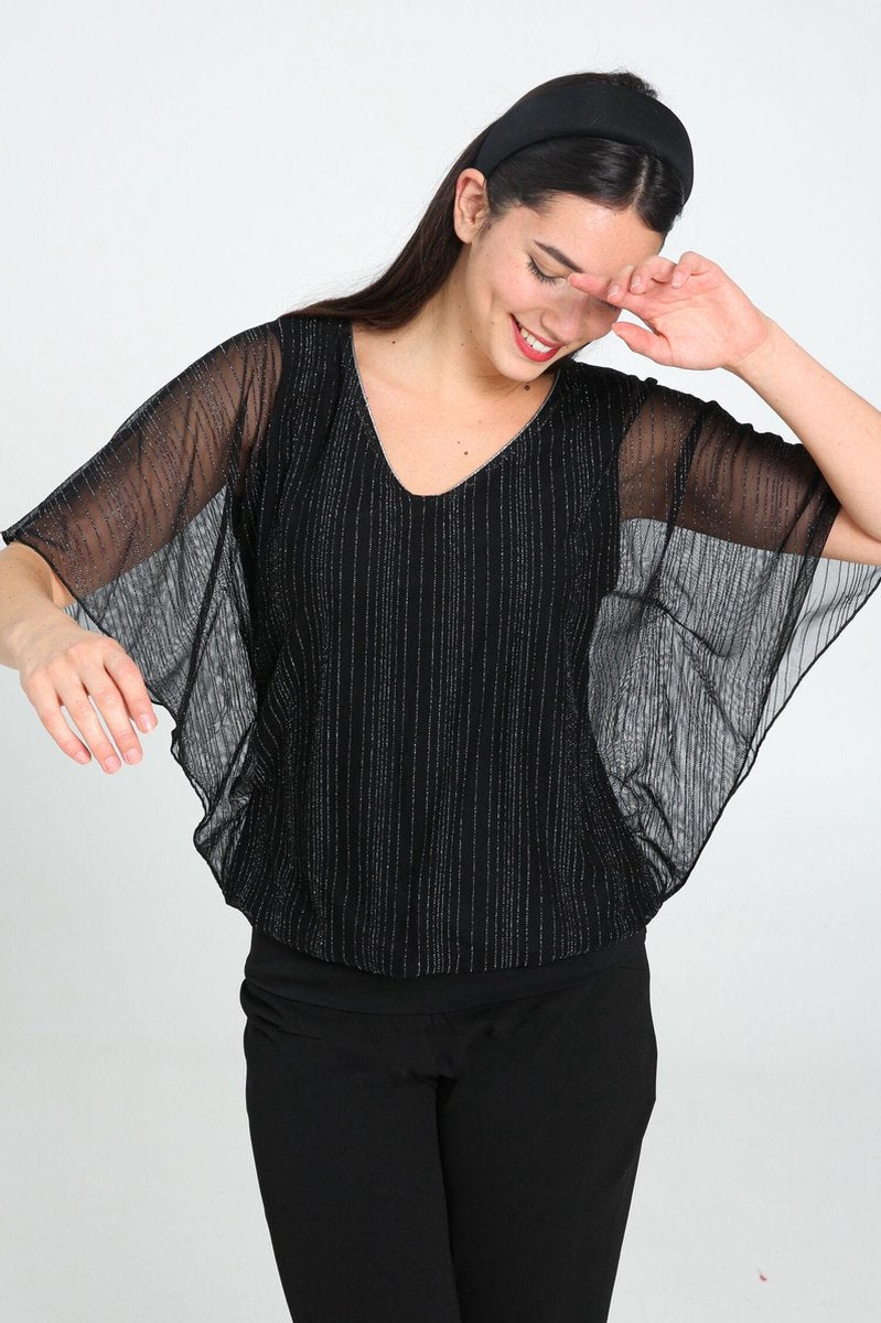 Cassis - T-shirt met streepjes van zilverkleurig lurex - Zwart