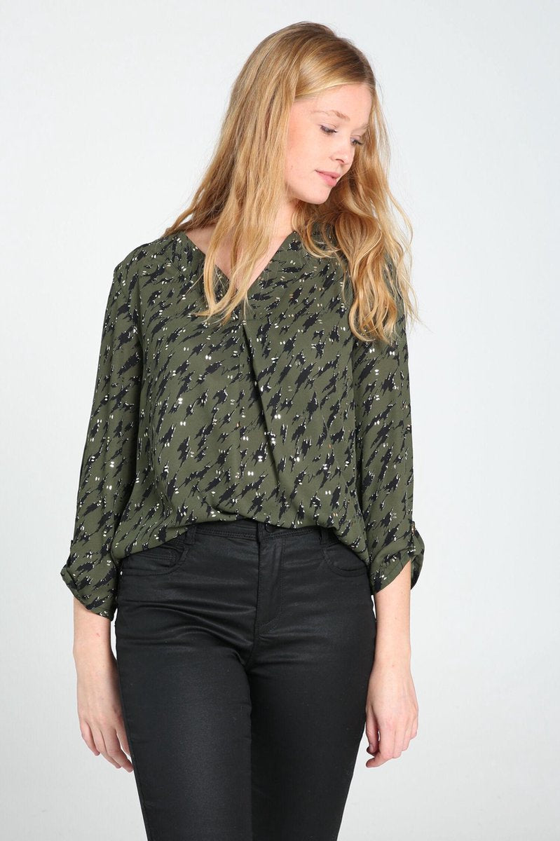 Cassis - Blouse met geometrische print en glitterfolie - Kaki